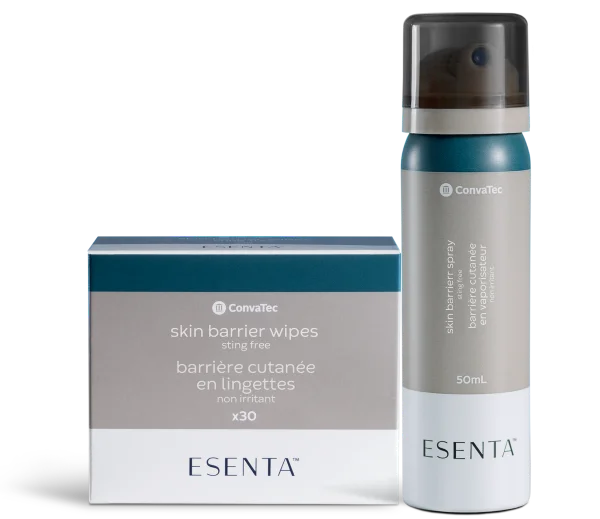 ESENTA™ Spray Barrière et lingettes : Protège la peau des irritants pendant jusqu’à 72 heures.