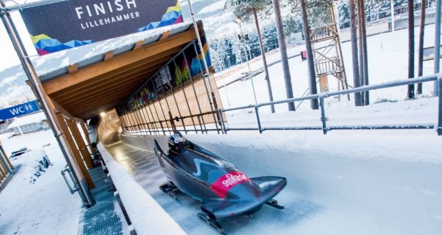 Bobsled crossing a finish line