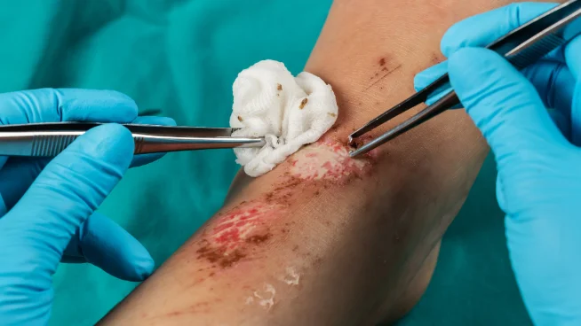 Nahaufnahmem, wie ein Arzt eine Wunde am Bein reinigt.