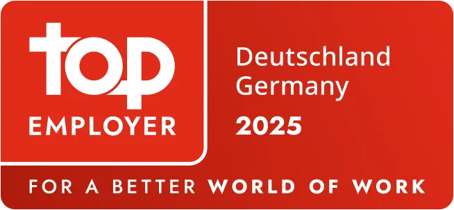 Das rote Siegel zur Auszeichnung als Top Employer Deutschland Germany 2025.